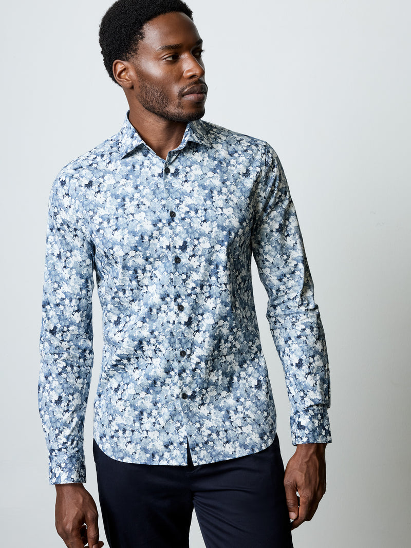 Long Sleeve Slim Fit Faded Flower Print Shirt