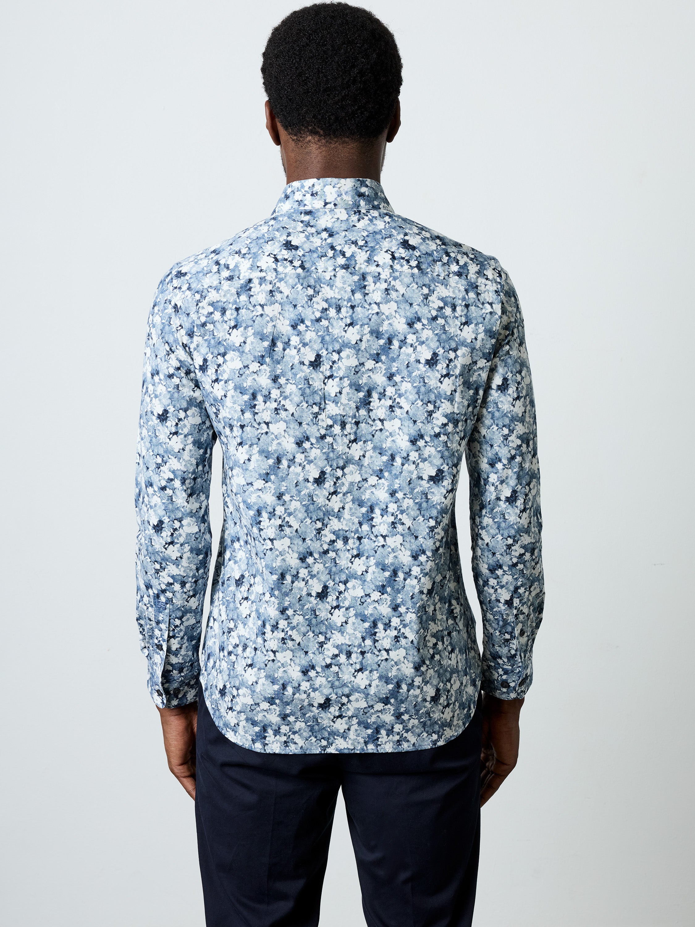 Long Sleeve Slim Fit Faded Flower Print Shirt