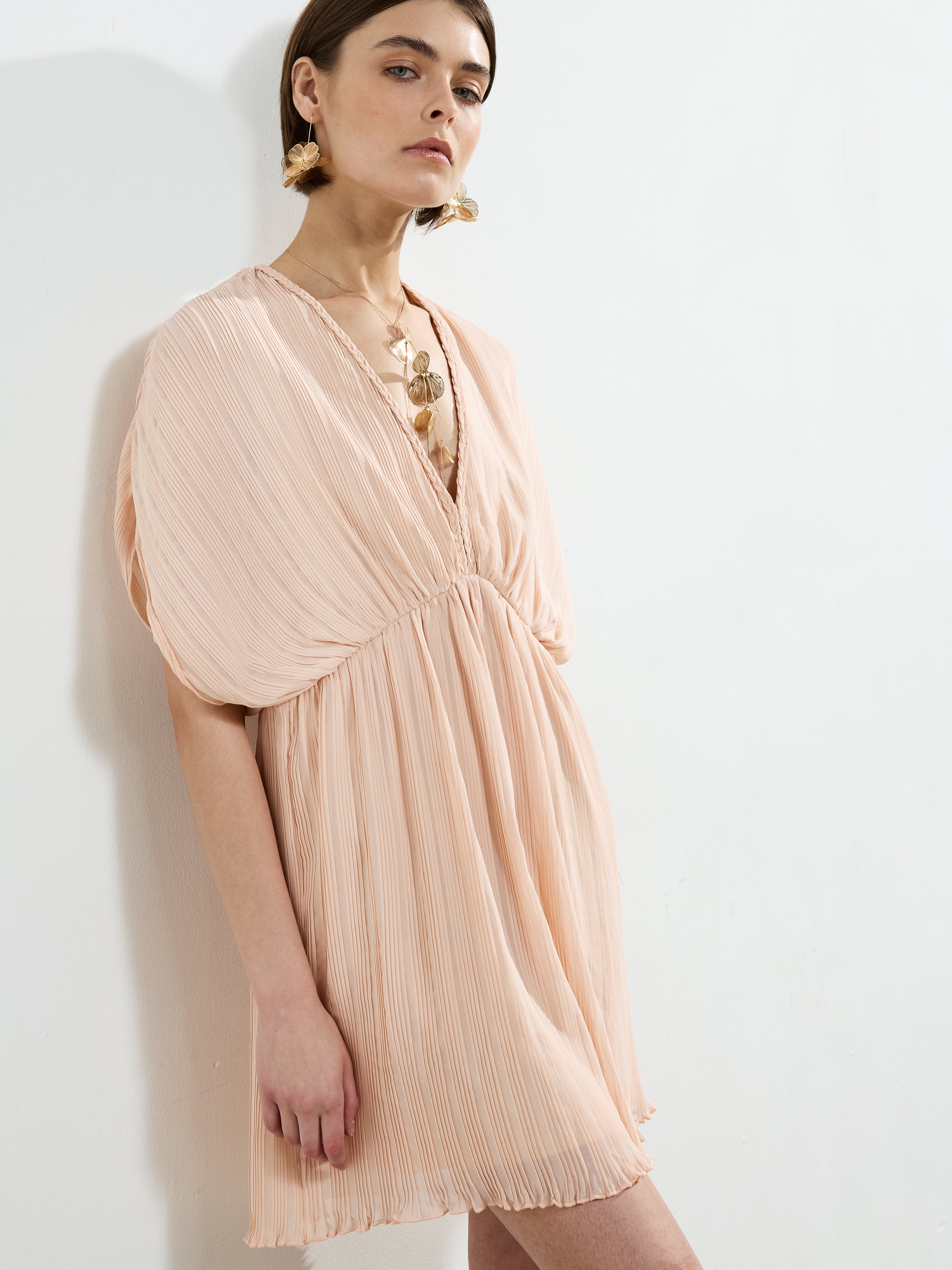 Chathia Plisse V Neck Mini Dress