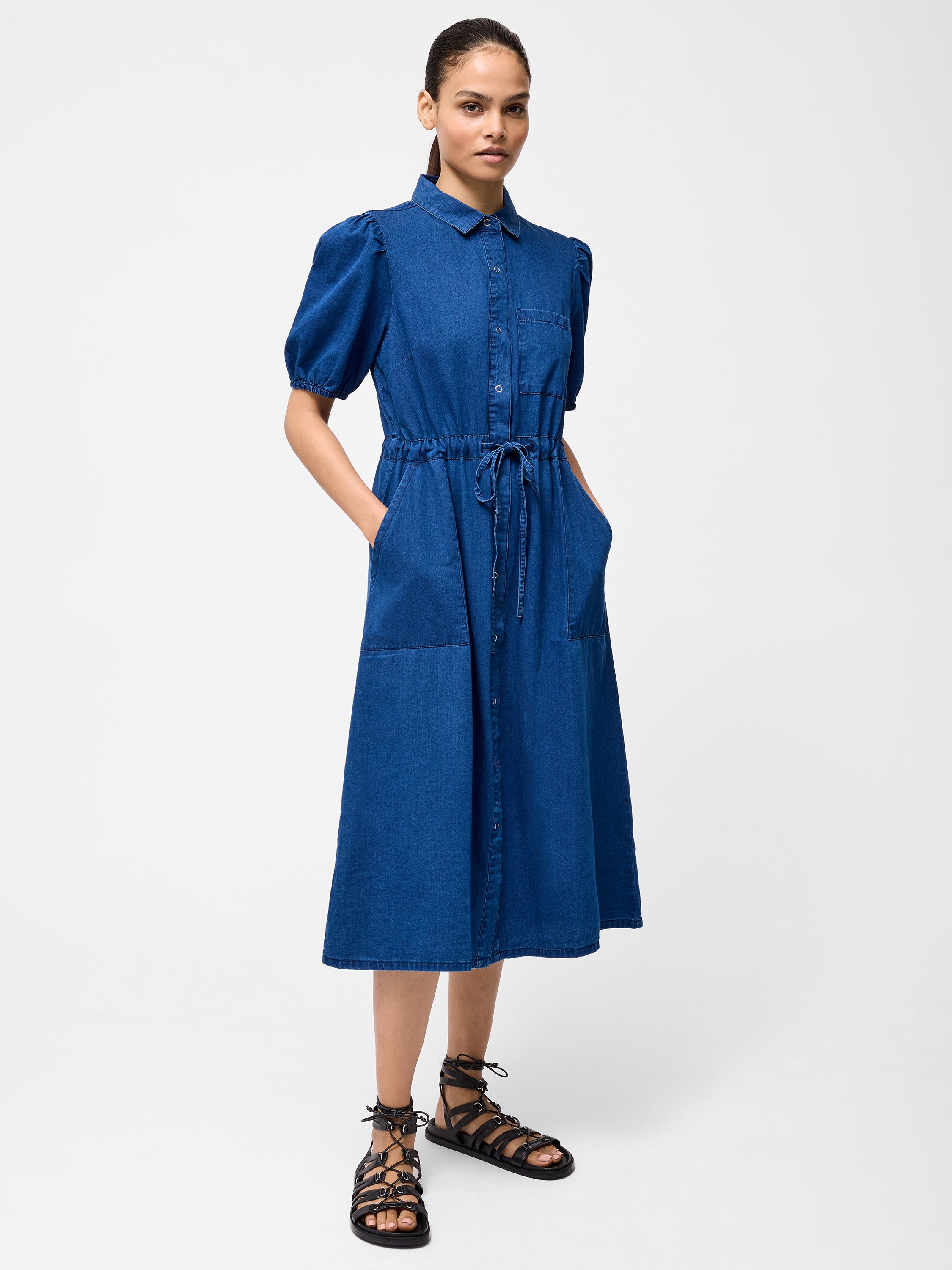 Chambray Popper Through Tie Shirt Dress