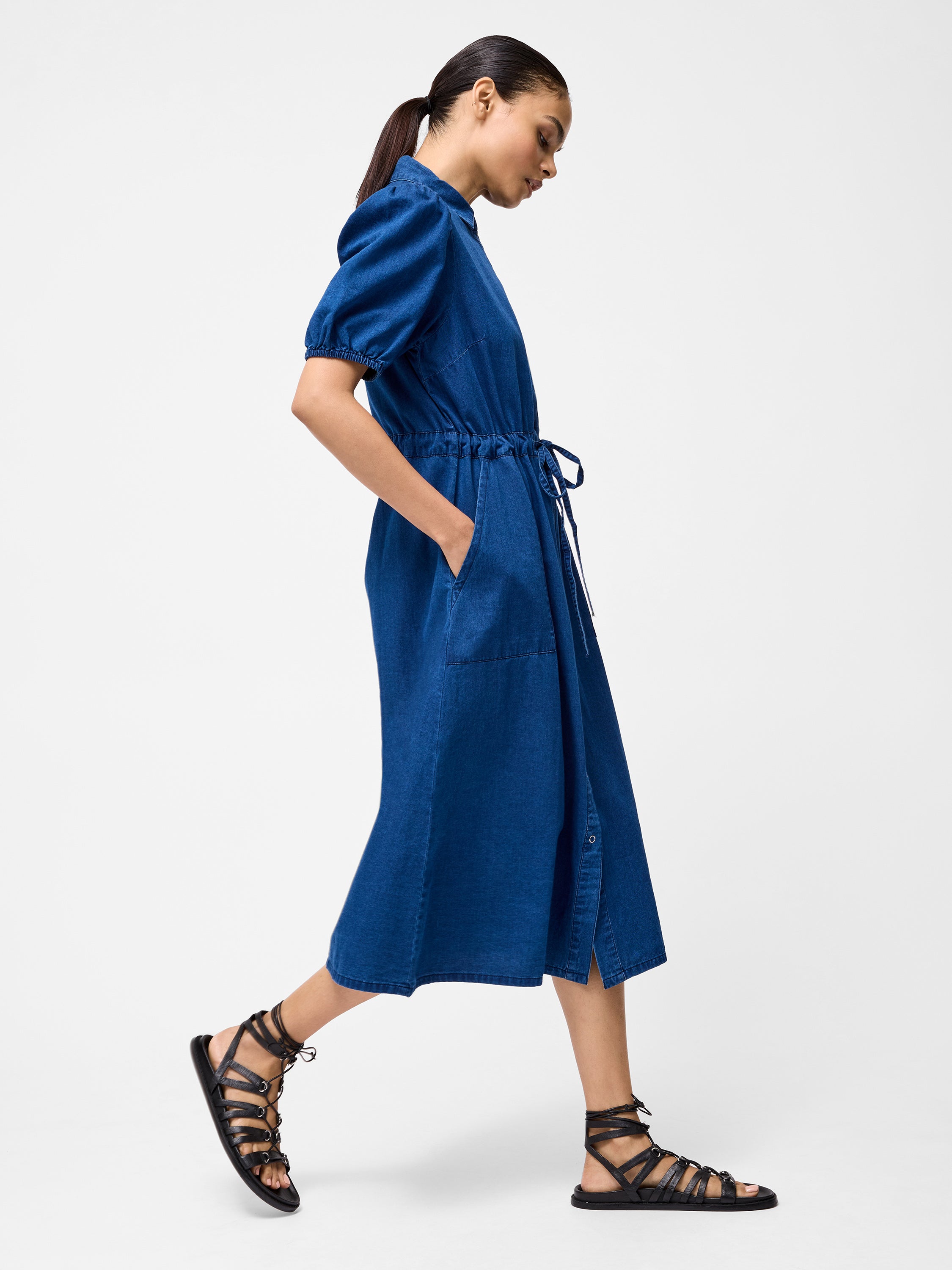Chambray Popper Through Tie Shirt Dress