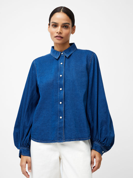 Zaves Chambray Denim Balloon Sleeve Shirt