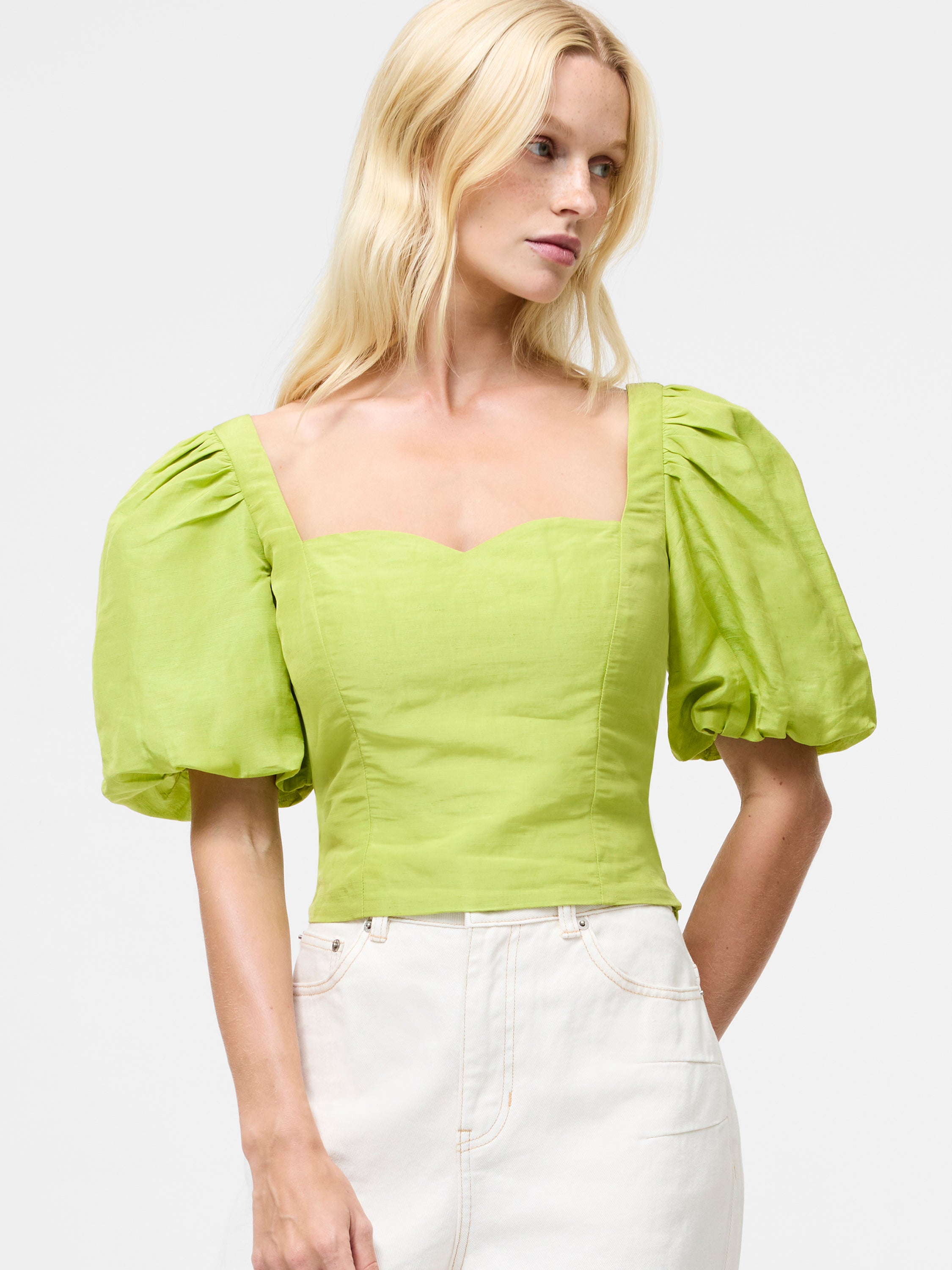 Islay Linen Puff Sleeve Cropped Top