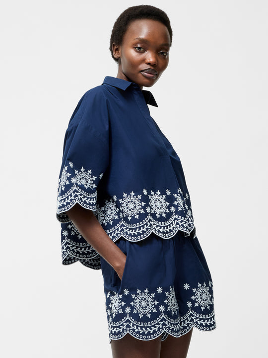Embroidered Hem Popover Short Sleeve Shirt