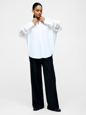 Crochet Trim Poplin Long Sleeve Popover Shirt