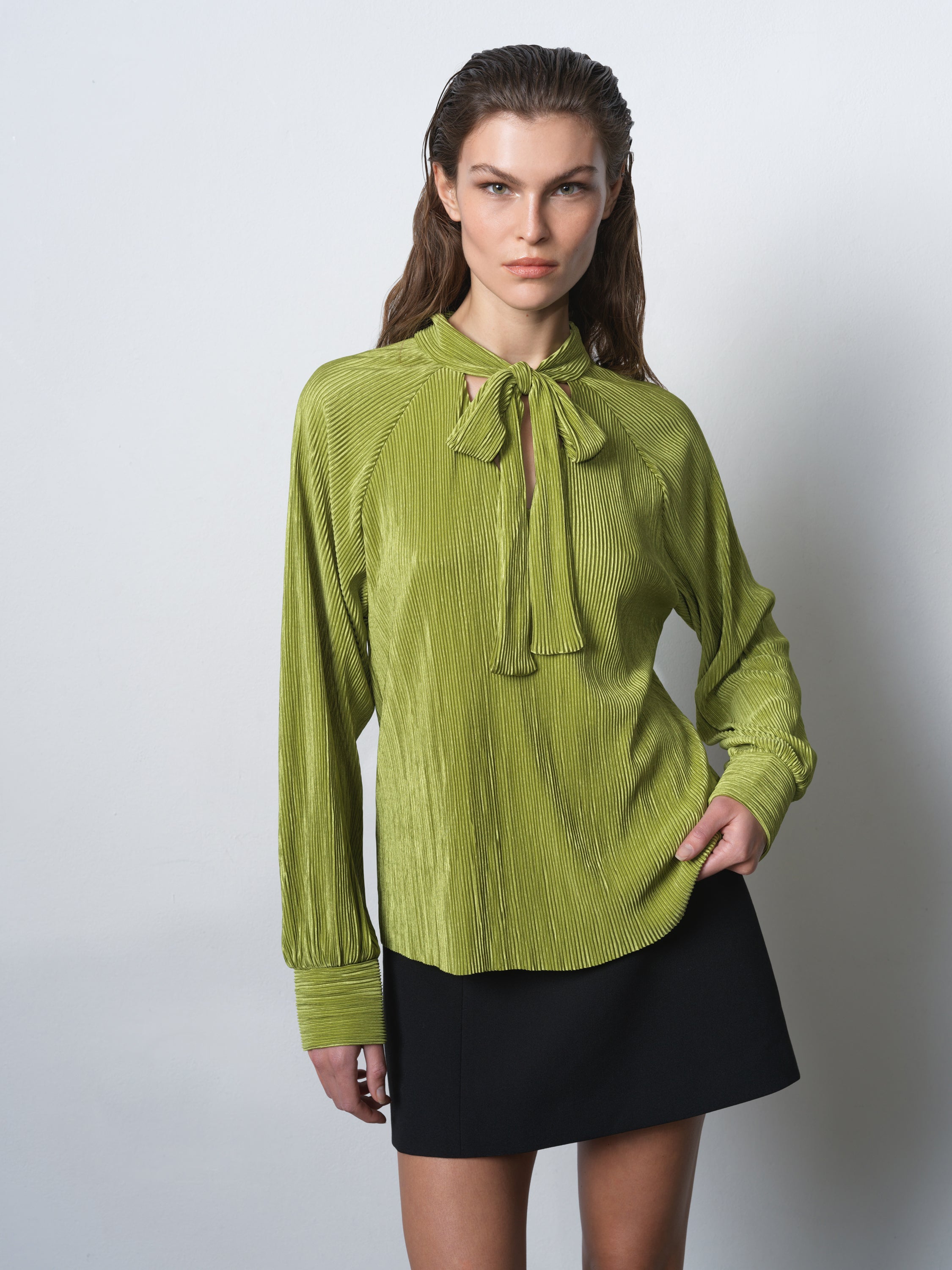 Rylah Plisse Long Sleeve Tie Neck Shirt