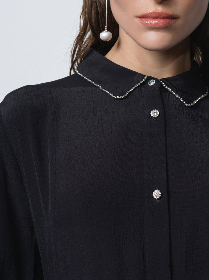 Lizzy Eco Crepe Diamante Collar Long Sleeve Shirt