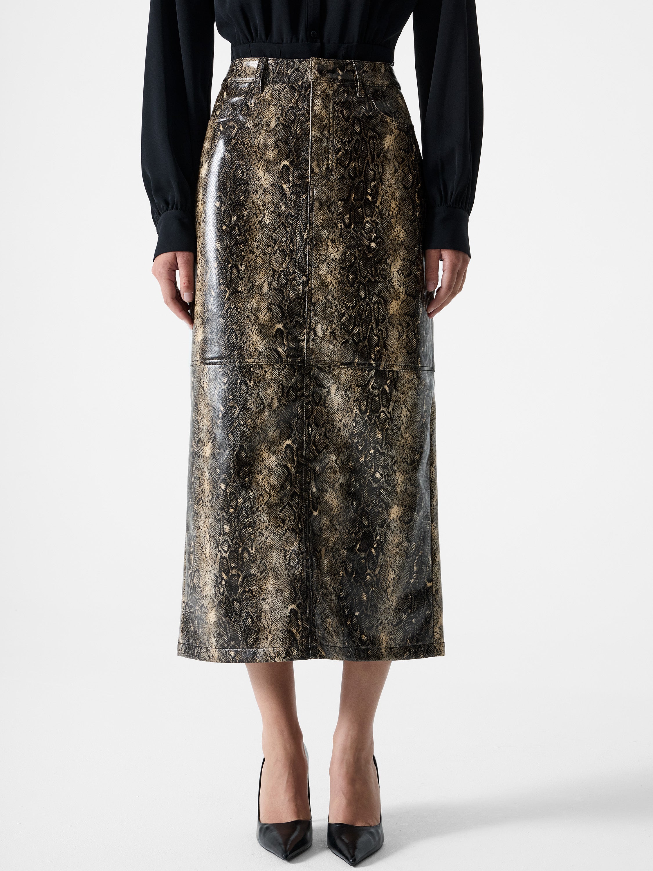 Brandy Snakeskin PU Midi Skirt