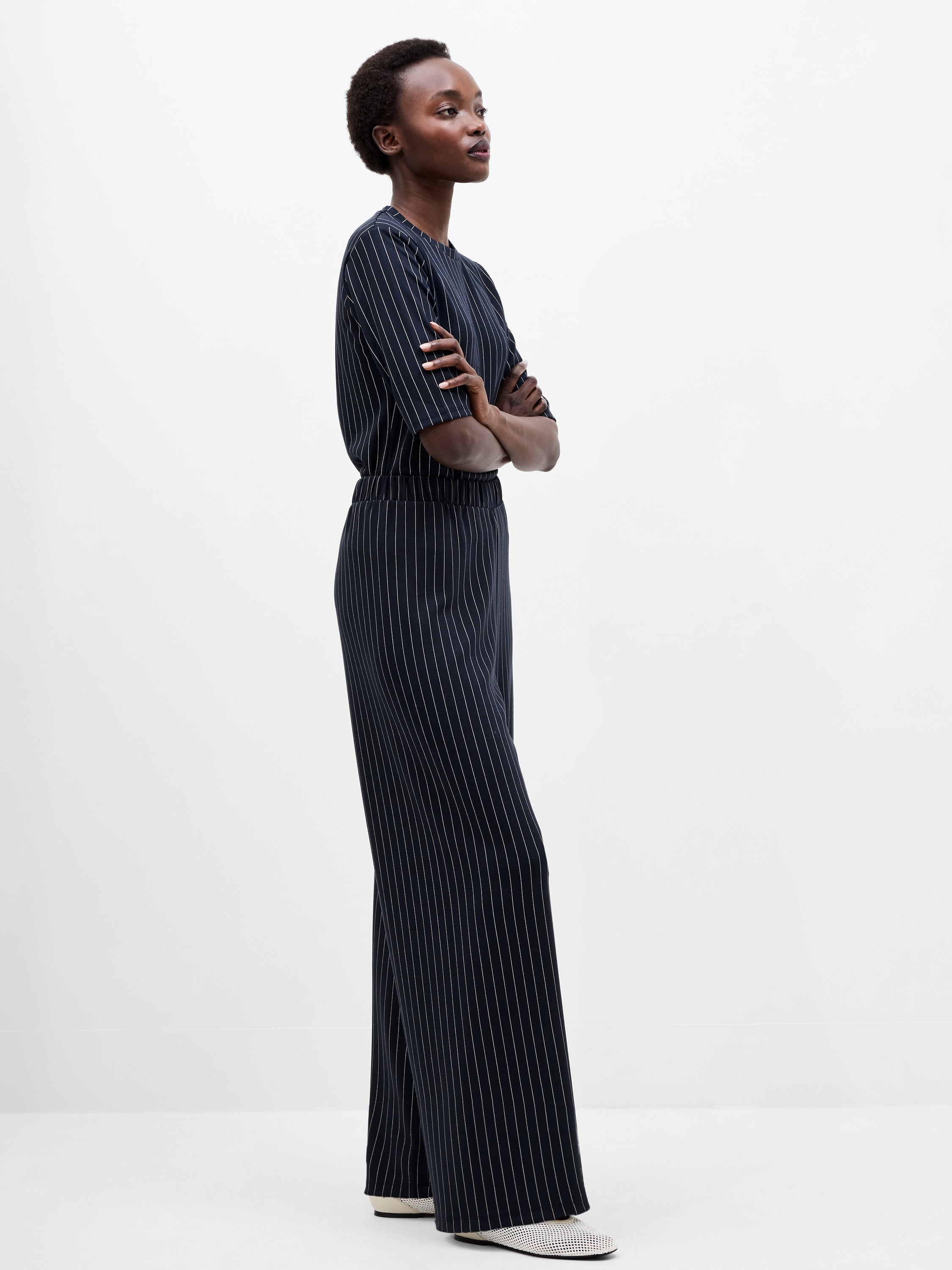 Regina Jersey Pinstripe Wide Leg Trousers