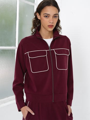 Wren Jersey Zip Up Piping Long Sleeve Sweatshirt
