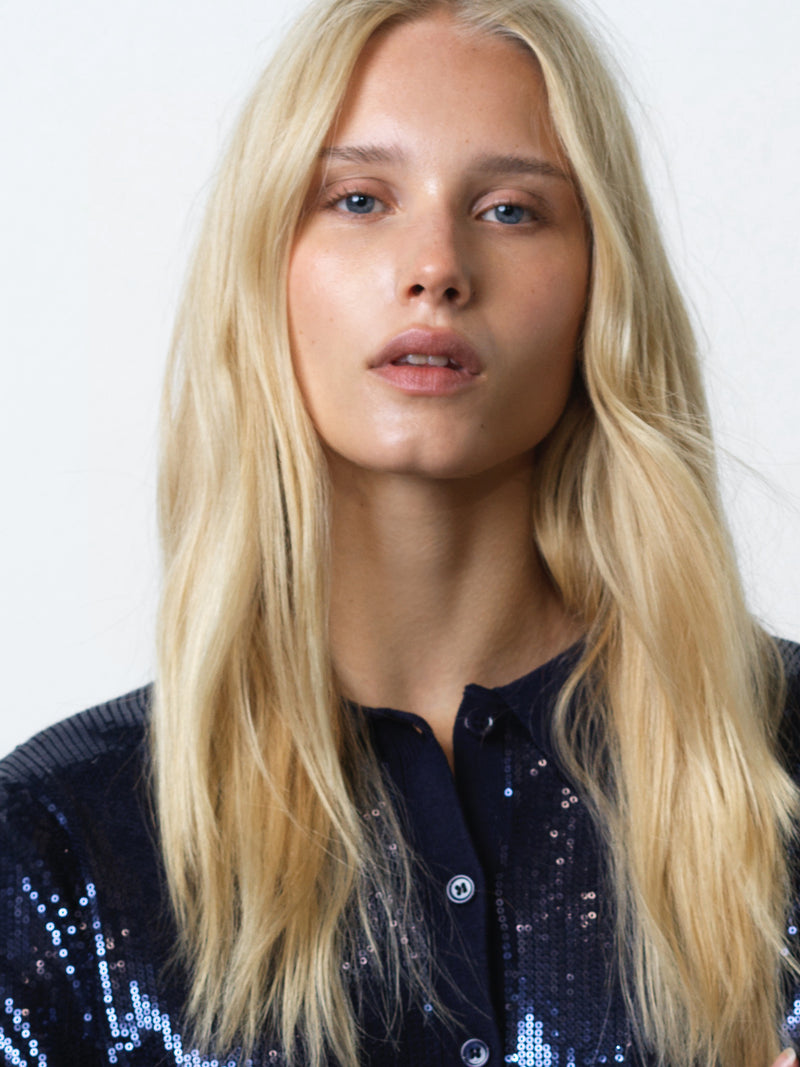 Hannah Knit Sequin Long Sleeve Button Through Top