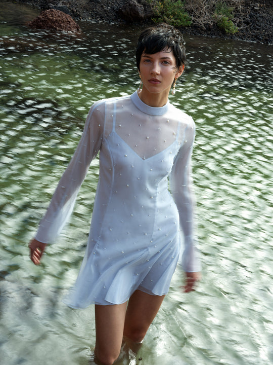 Elizabeth Chiffon Faux Pearl Mini Dress