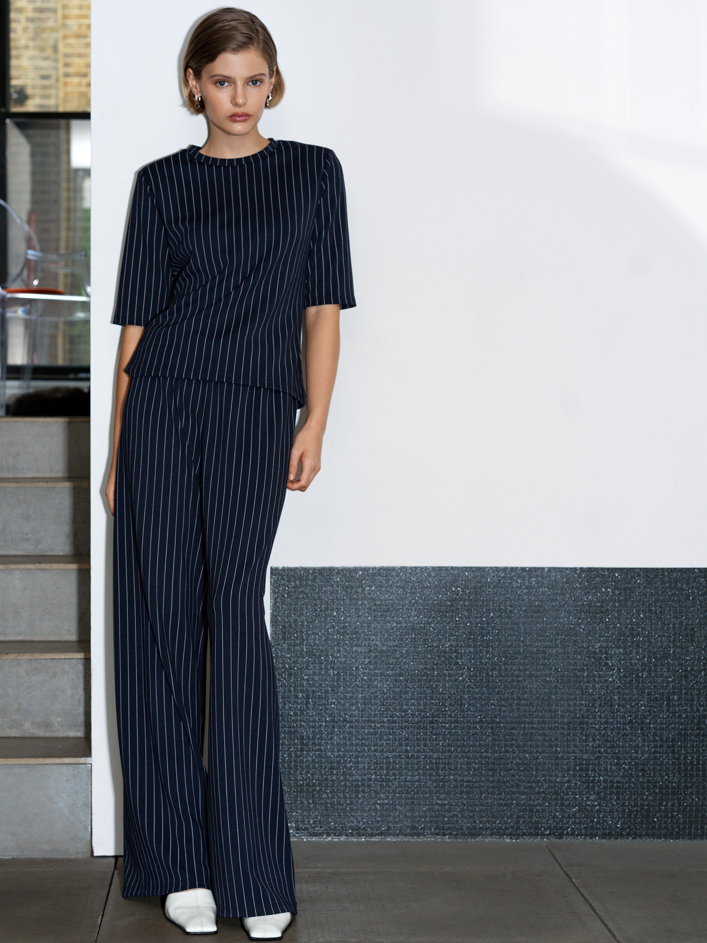 Regina Jersey Pinstripe Wide Leg Trousers