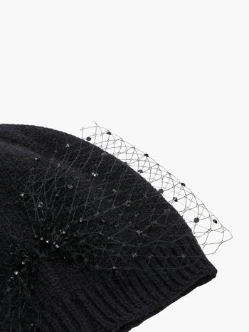 Sparkly Mesh Diamante Bow Beanie Hat
